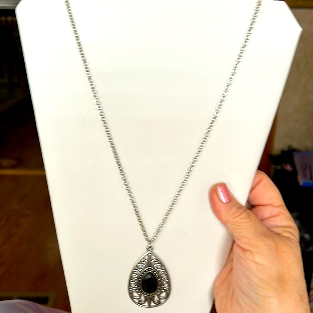 Long silver and black necklace